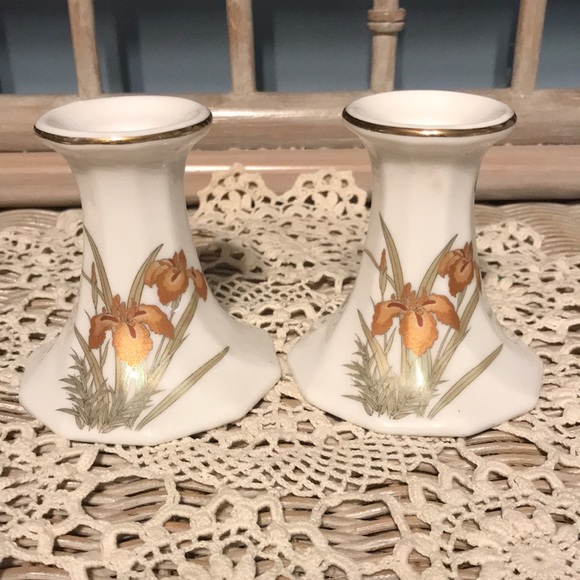 Fine China Candle Holders Iris Motif - Picture 1 of 6